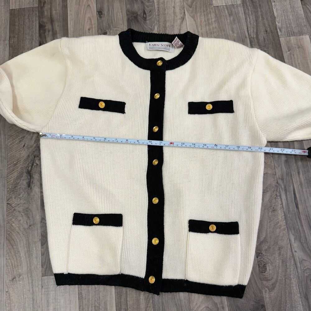Vintage Karen Scott Wool Blend Contrast Trim Cardigan Cream Black Gold M - Picture 3 of 4